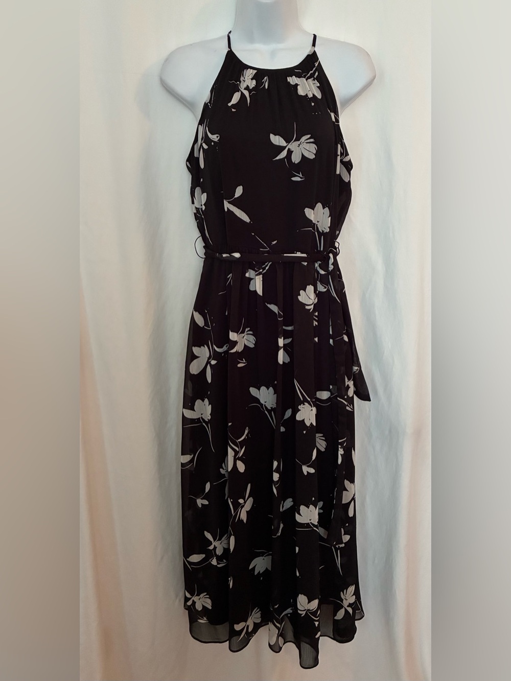 DKNYC Black Maxi Dress with White Floral Motif and Tie Waist